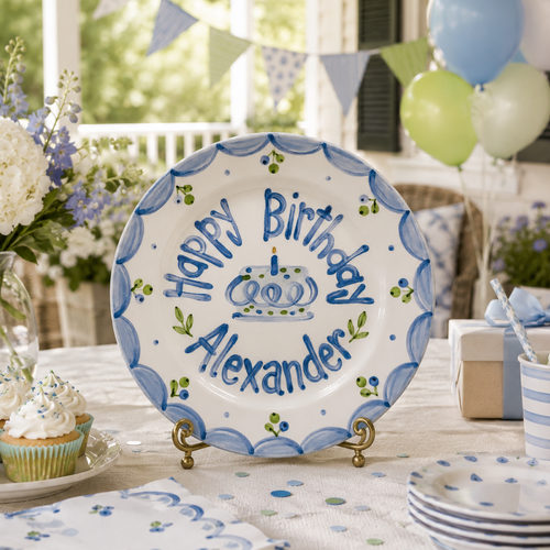 Blue Scalloped Birthday Plate, Hand-Painted Birthday Cake Design, Custom Name Ceramic Keepsake, First Birthday | B045