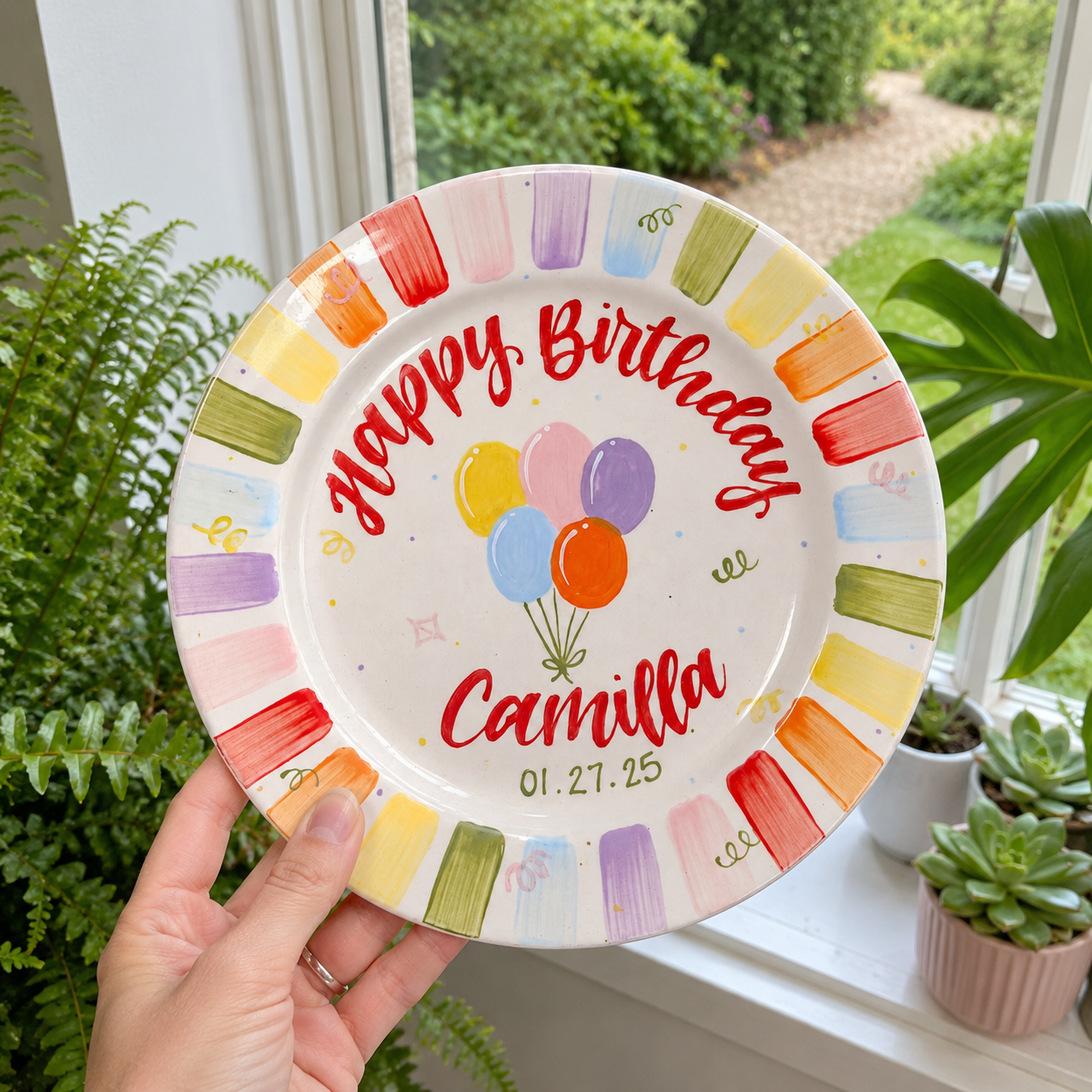 Personalized Birthday Plate – Custom Name with Rainbow Balloon Design and Party Border – Birthday Gift | BGI010