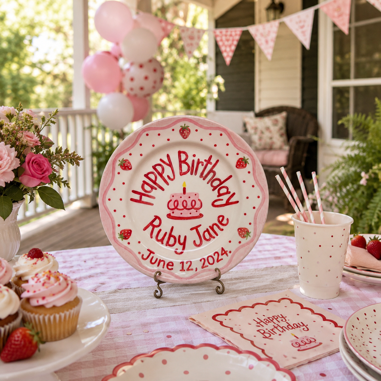 Personalized Birthday Plate Girl, Custom Strawberry Scallop Plate, Hand Painted Ceramic Cake Plate, Heirloom Birthday Tradition Gift | B076