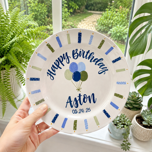 Personalized Birthday Plate, Hand Painted Ceramic Plate with Balloons and Candles, Custom Name Keepsake for Boy Birthday | BGI015