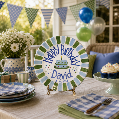 Personalized Birthday Plate Boy, Custom Blue Green Striped Dish, Hand Painted Ceramic Cake Plate, Heirloom Birthday Tradition Gift | B078