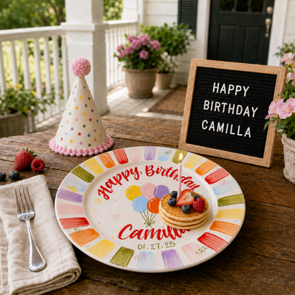 Personalized Birthday Plate – Custom Name with Rainbow Balloon Design and Party Border – Birthday Gift | BGI010
