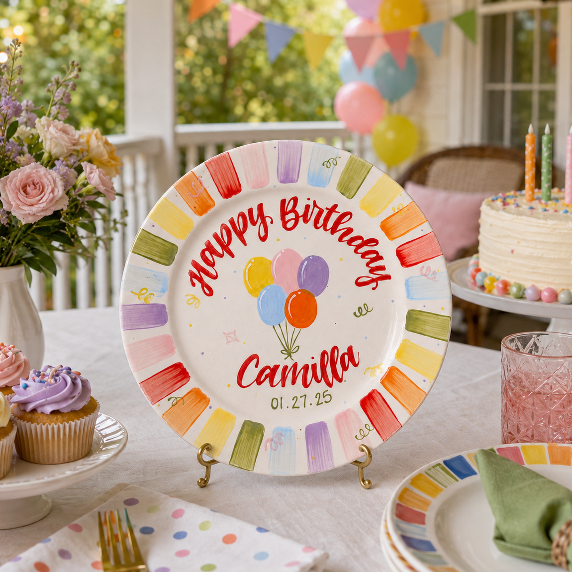 A personalized ceramic birthday plate displayed on a table at a birthday party. The white plate features colorful painted stripes around the rim, a cluster of balloons in the center, and the text 'Happy Birthday Camilla' with the date '01.