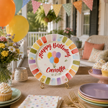 Personalized Birthday Plate – Custom Name with Rainbow Balloon Design and Party Border – Birthday Gift | BGI010