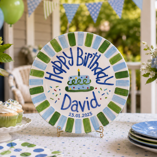 Personalized Birthday Plate Boy, Custom Blue Green Striped Dish, Hand Painted Ceramic Cake Plate, Heirloom Birthday Tradition Gift | B078