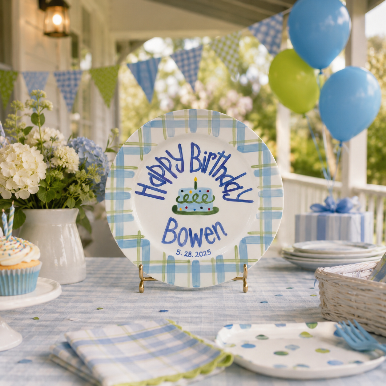 Personalized Blue Green Birthday Plate, Custom Ceramic Birthday Dish, Plaid Cake Plate, Boys Birthday Tradition Heirloom Keepsake | B081