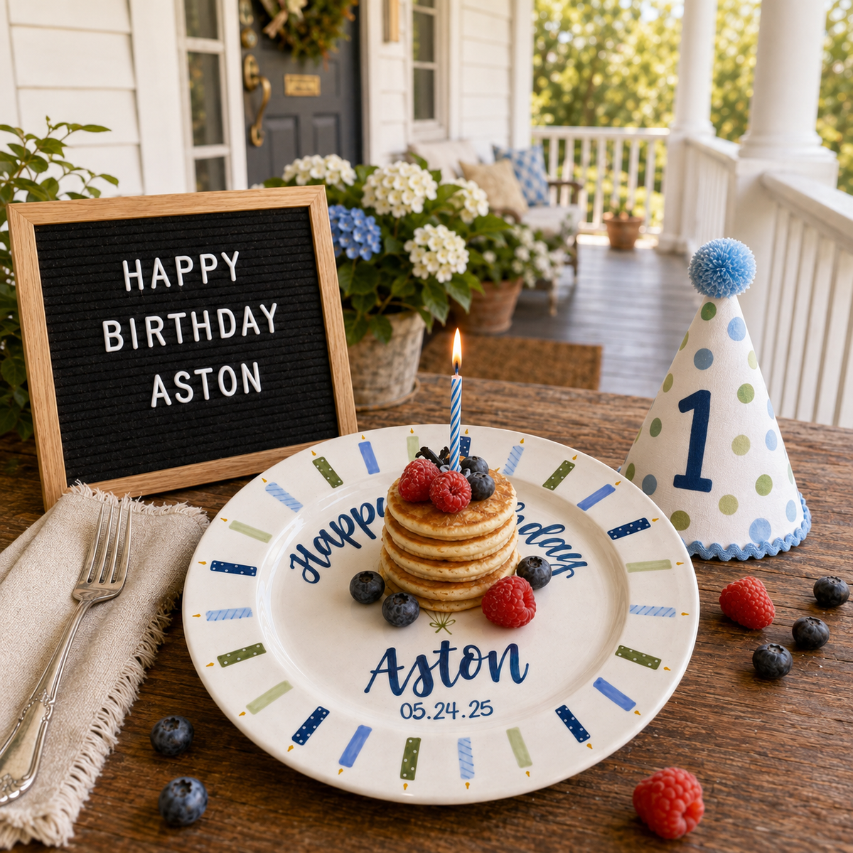 Personalized Birthday Plate, Custom Name Ceramic Plate with Blue Green Balloons and Candle Border, Boy Birthday Keepsake | BGI015