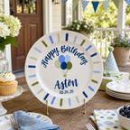 Personalized Birthday Plate, Custom Name Ceramic Plate with Blue Green Balloons and Candle Border, Boy Birthday Keepsake | BGI015