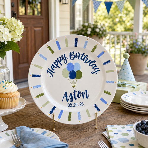 Personalized Birthday Plate, Custom Name Ceramic Plate with Blue Green Balloons and Candle Border, Boy Birthday Keepsake | BGI015