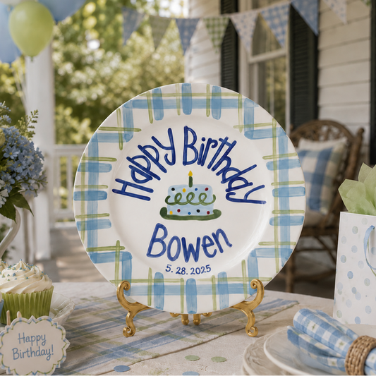 Custom Ceramic Birthday Plate for Boy, Green Blue Plaid Dish, Personalized Name Date Plate, Preppy Boys Birthday Decor | B081