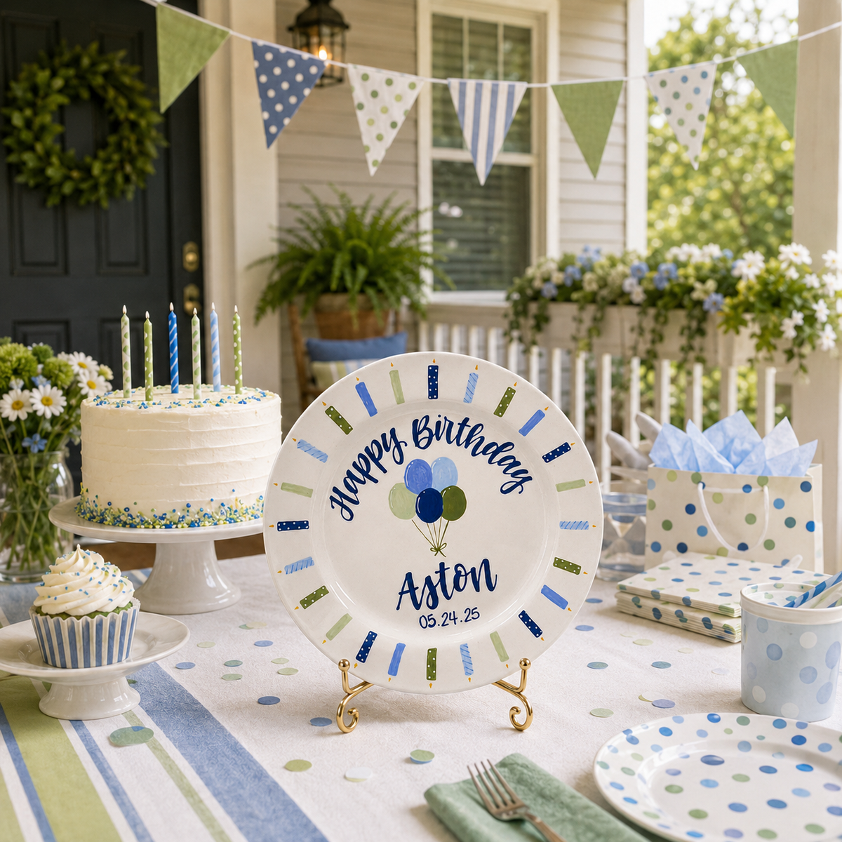 Personalized Birthday Plate, Custom Name Ceramic Plate with Blue Green Balloons and Candle Border, Boy Birthday Keepsake | BGI015
