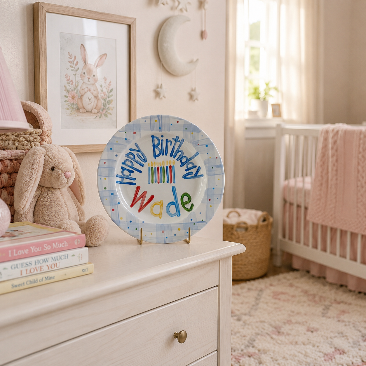 Personalized Birthday Plate – Blue Plaid Border, Colorful Polka Dots & Birthday Candles Design | BHL015