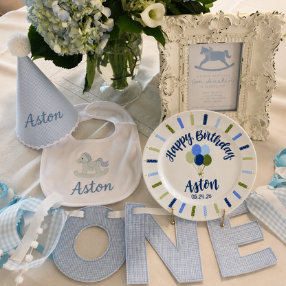 Personalized Birthday Plate, Custom Name Ceramic Plate with Blue Green Balloons and Candle Border, Boy Birthday Keepsake | BGI015