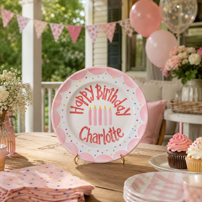 Personalized Pink Birthday Plate, Custom Ceramic Birthday Dish, Pink Scallop Candle Plate, Girls Birthday Tradition Keepsake | B082