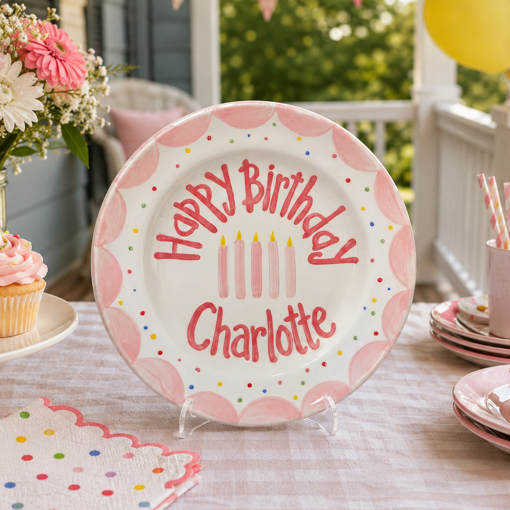 Personalized Pink Birthday Plate, Custom Ceramic Birthday Dish, Pink Scallop Candle Plate, Girls Birthday Tradition Keepsake | B082