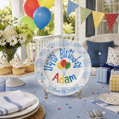 Custom Hand Painted Ceramic Birthday Plate, Blue Gingham Balloon Dish, Personalized Birthday Plate Date, First Birthday Gift Boy | B090