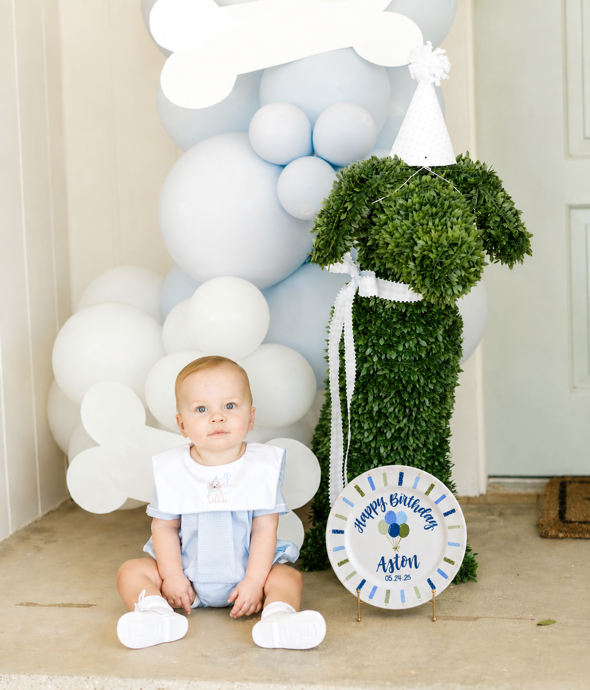 Personalized Birthday Plate, Custom Name Ceramic Plate with Blue Green Balloons and Candle Border, Boy Birthday Keepsake | BGI015