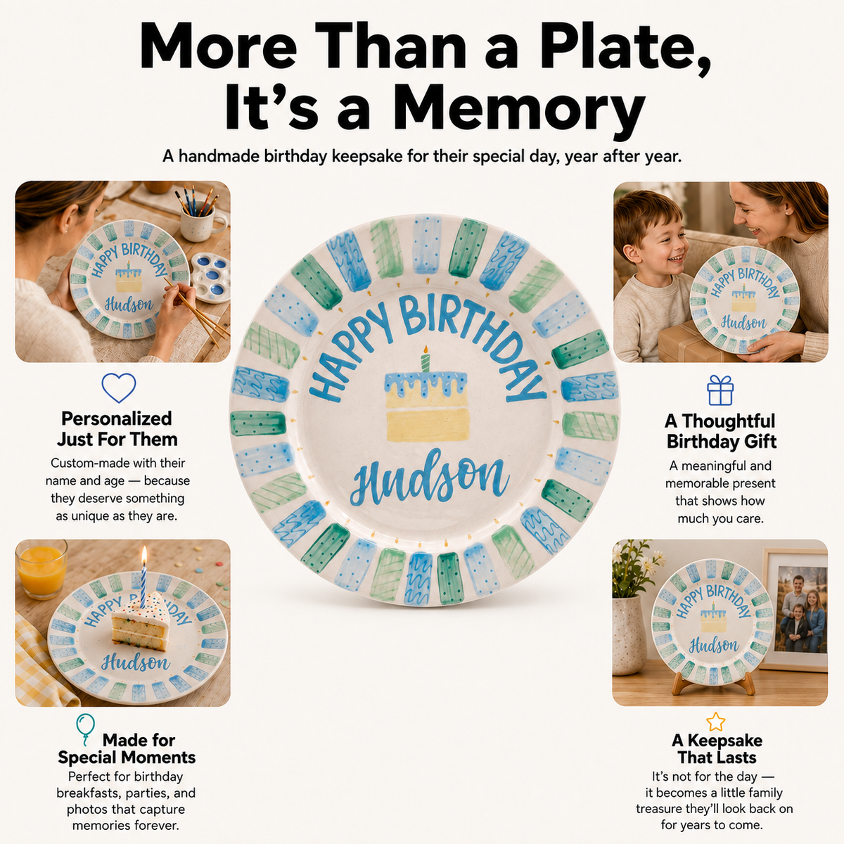 Custom Hand Painted Ceramic Birthday Plate, Blue Stripe Candle Dish, Personalized Birthday Plate, First Birthday Gift Boy | BGI019