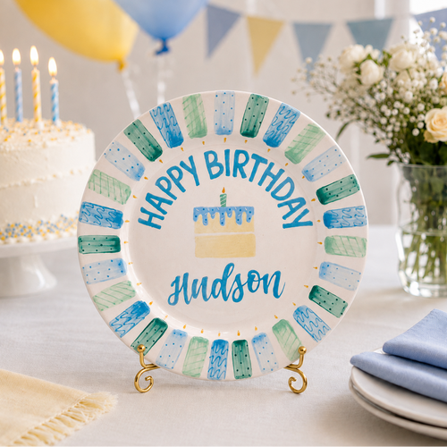 Custom Hand Painted Ceramic Birthday Plate, Blue Stripe Candle Dish, Personalized Birthday Plate, First Birthday Gift Boy | BGI019