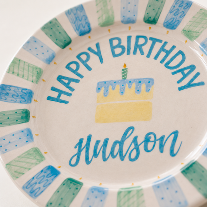 Custom Hand Painted Ceramic Birthday Plate, Blue Stripe Candle Dish, Personalized Birthday Plate, First Birthday Gift Boy | BGI019