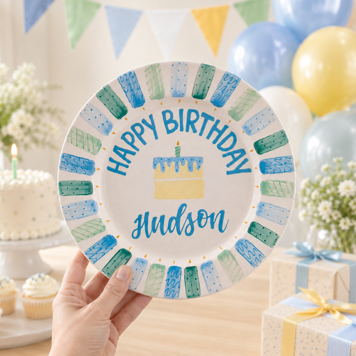 Custom Hand Painted Ceramic Birthday Plate, Blue Stripe Candle Dish, Personalized Birthday Plate, First Birthday Gift Boy | BGI019