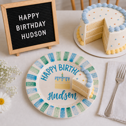 Custom Hand Painted Ceramic Birthday Plate, Blue Stripe Candle Dish, Personalized Birthday Plate, First Birthday Gift Boy | BGI019