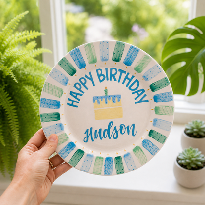 Custom Hand Painted Ceramic Birthday Plate, Blue Stripe Candle Dish, Personalized Birthday Plate, First Birthday Gift Boy | BGI019