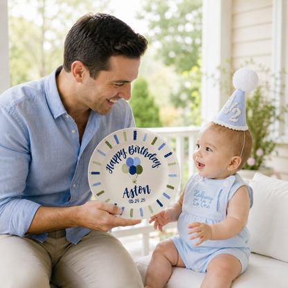 Personalized Birthday Plate, Custom Name Ceramic Plate with Blue Green Balloons and Candle Border, Boy Birthday Keepsake | BGI015