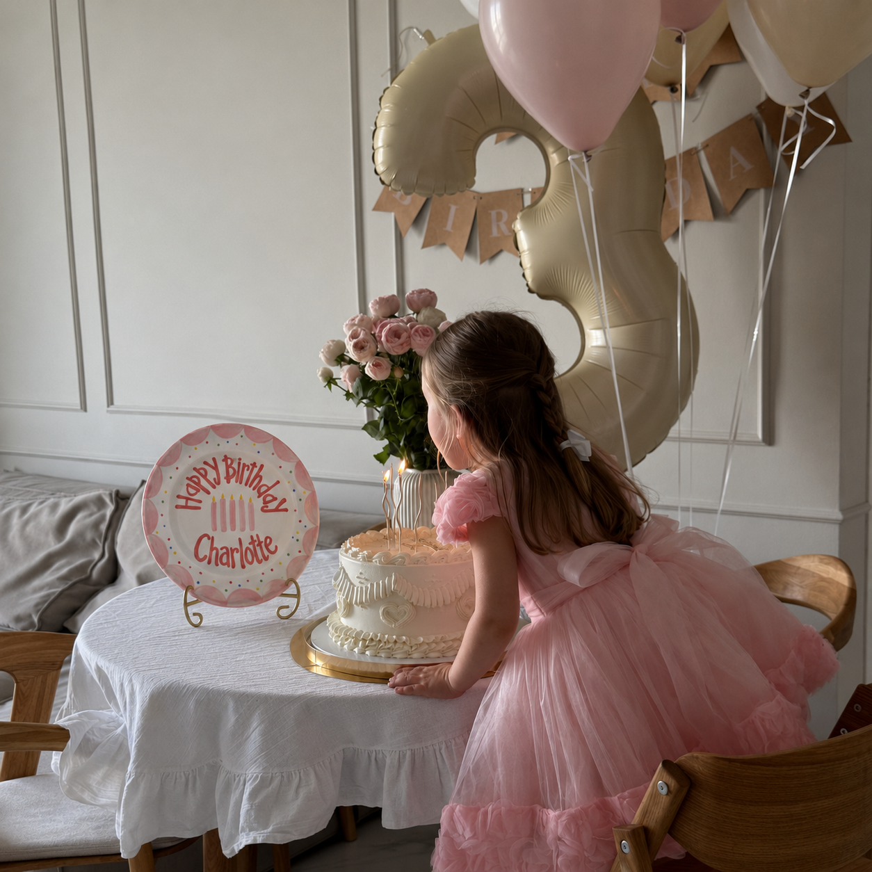Personalized Pink Birthday Plate, Custom Ceramic Birthday Dish, Pink Scallop Candle Plate, Girls Birthday Tradition Keepsake | B082