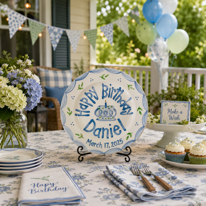 Blue Scalloped Birthday Plate, Hand-Painted Birthday Cake Design, Custom Name Ceramic Keepsake, First Birthday | B046