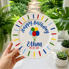 Personalized Birthday Plate, Custom Name Plate with Balloons and Birthday Candles, Hand Painted Keepsake for Boys | BGI016