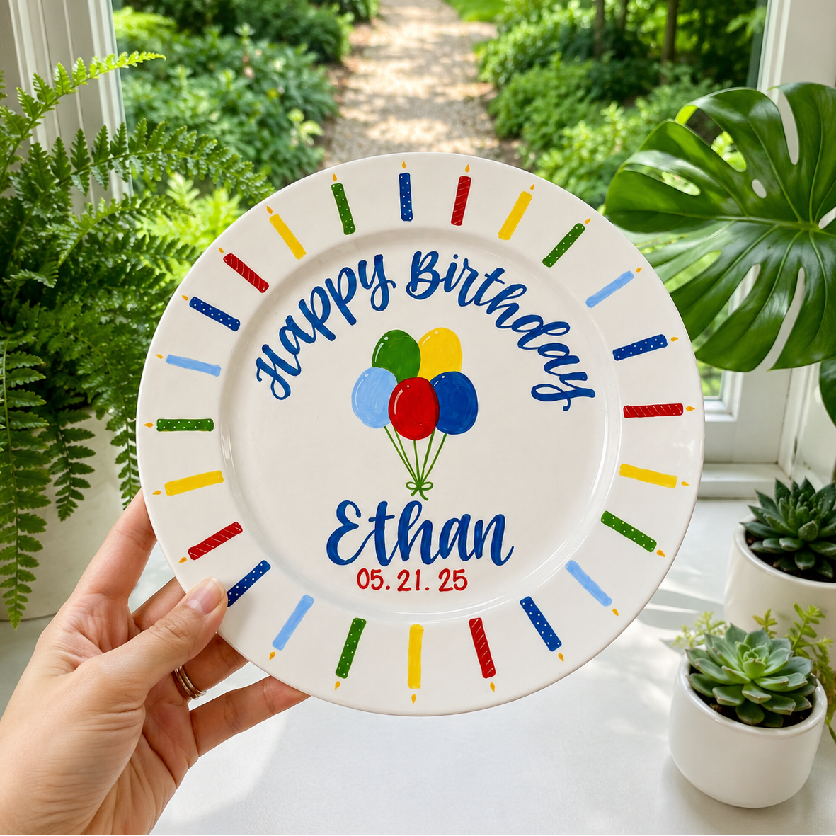 Personalized Birthday Plate, Hand Painted Boy Birthday Plate with Balloons and Name, Kids Birthday Keepsake Gift | BGI016