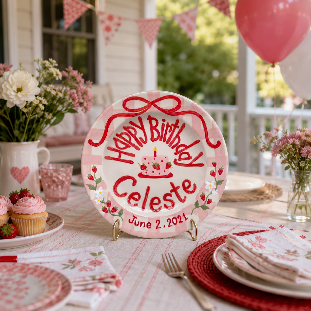 Custom Hand Painted Ceramic Birthday Plate, Strawberry Bow Gingham Plate, Personalized Birthday Plate with Date, Sweet One Birthday | B073