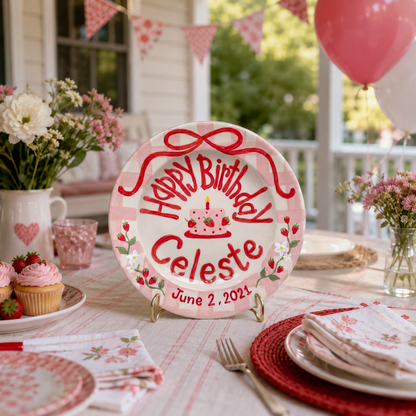 Custom Hand Painted Ceramic Birthday Plate, Strawberry Bow Gingham Plate, Personalized Birthday Plate with Date, Sweet One Birthday | B073