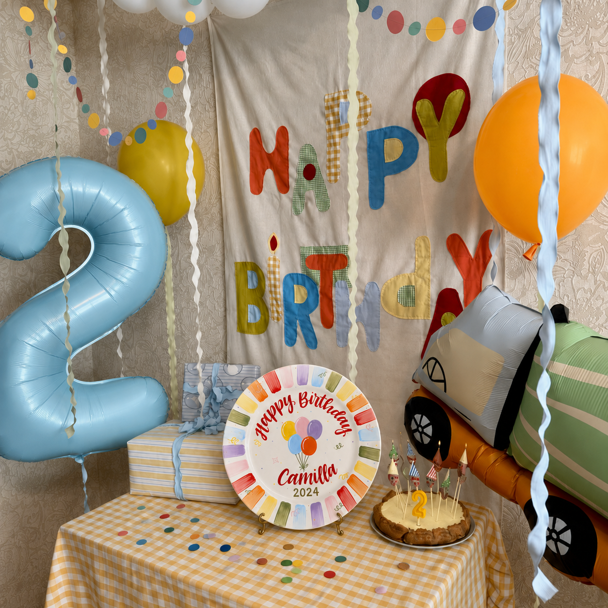 Personalized Birthday Plate – Custom Name with Rainbow Balloon Design and Party Border – Birthday Gift | BGI010