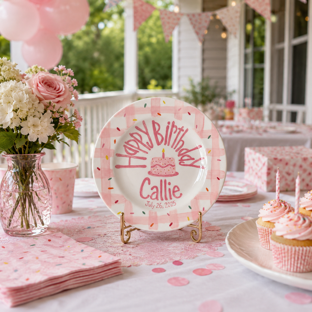 Custom Hand Painted Ceramic Birthday Plate, Pink Gingham Confetti Plate, Personalized Birthday Plate Date, First Birthday Gift Girl | B087