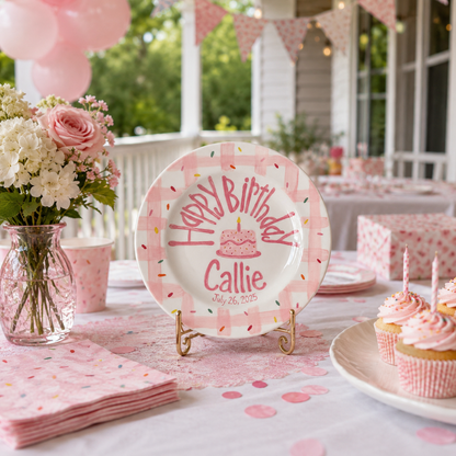 Custom Hand Painted Ceramic Birthday Plate, Pink Gingham Confetti Plate, Personalized Birthday Plate Date, First Birthday Gift Girl | B087