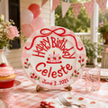 Personalized Birthday Plate Girl, Custom Strawberry Bow Plate, Hand Painted Ceramic Cake Plate, Heirloom Birthday Tradition Gift | B073