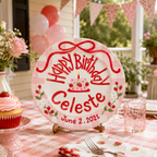 Custom Hand Painted Ceramic Birthday Plate, Strawberry Bow Gingham Plate, Personalized Birthday Plate with Date, Sweet One Birthday | B073