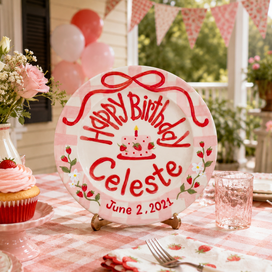 Custom Hand Painted Ceramic Birthday Plate, Strawberry Bow Gingham Plate, Personalized Birthday Plate with Date, Sweet One Birthday | B073