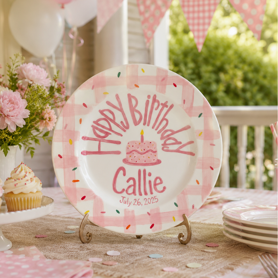 Custom Hand Painted Ceramic Birthday Plate, Pink Gingham Confetti Plate, Personalized Birthday Plate Date, First Birthday Gift Girl | B087