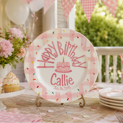 Custom Hand Painted Ceramic Birthday Plate, Pink Gingham Confetti Plate, Personalized Birthday Plate Date, First Birthday Gift Girl | B087