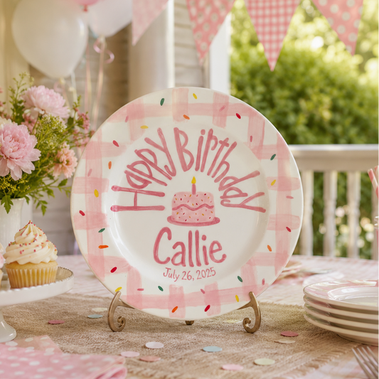 Personalized Birthday Plate Girl, Custom Pink Gingham Dish, Hand Painted Ceramic Cake Plate, Heirloom Birthday Tradition Gift | B087
