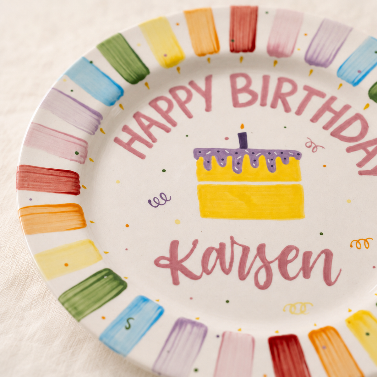 Custom Hand Painted Ceramic Birthday Plate, Rainbow Stripe Cake Dish, Personalized Birthday Plate, First Birthday Gift Boy Girl | BGI018