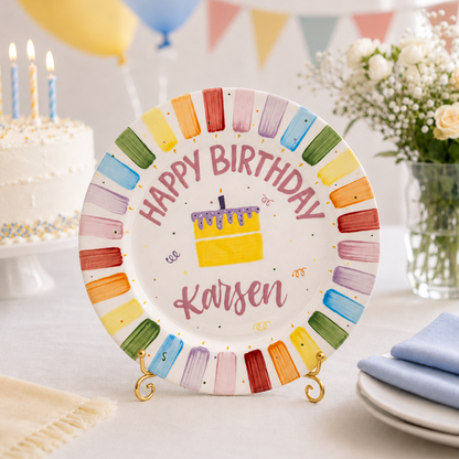 Custom Hand Painted Ceramic Birthday Plate, Rainbow Stripe Cake Dish, Personalized Birthday Plate, First Birthday Gift Boy Girl | BGI018