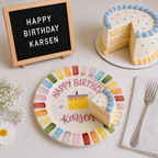 Custom Hand Painted Ceramic Birthday Plate, Rainbow Stripe Cake Dish, Personalized Birthday Plate, First Birthday Gift Boy Girl | BGI018