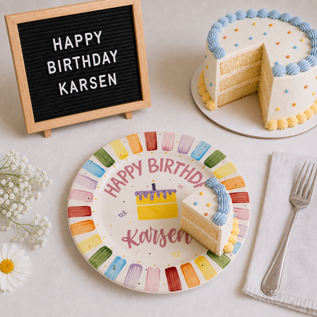 Custom Hand Painted Ceramic Birthday Plate, Rainbow Stripe Cake Dish, Personalized Birthday Plate, First Birthday Gift Boy Girl | BGI018