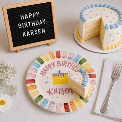 Custom Hand Painted Ceramic Birthday Plate, Rainbow Stripe Cake Dish, Personalized Birthday Plate, First Birthday Gift Boy Girl | BGI018