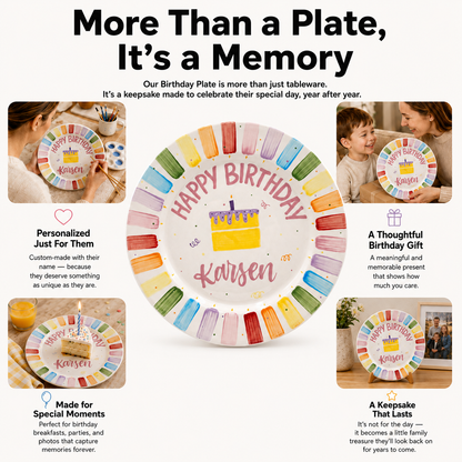 Custom Hand Painted Ceramic Birthday Plate, Rainbow Stripe Cake Dish, Personalized Birthday Plate, First Birthday Gift Boy Girl | BGI018