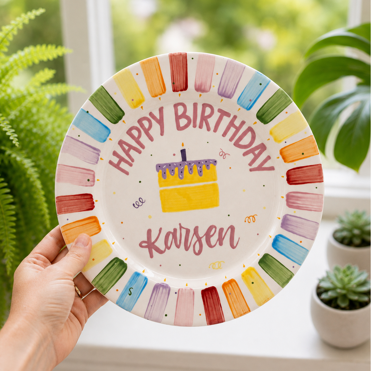 Custom Hand Painted Ceramic Birthday Plate, Rainbow Stripe Cake Dish, Personalized Birthday Plate, First Birthday Gift Boy Girl | BGI018